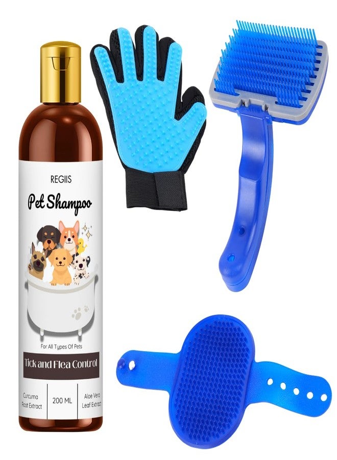 REGIIS REGIJS Pet Grooming Kit with Tick and Flea Control Shampoo, 200ml, Blue Massage Brush, Deshedding Glove for Dogs and Cats(Pack of 4) - Image 1